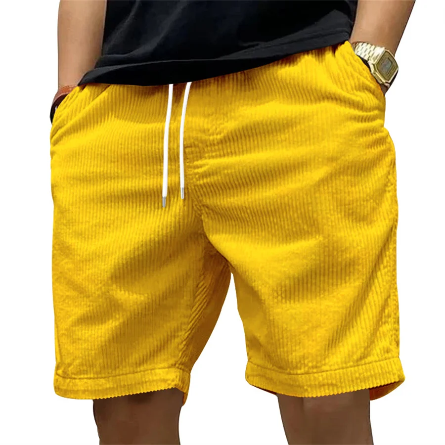 New 2025 Men Casual Corduroy Shorts Yellow Beach Short Pants Plus Size Male Drawstring Cargo Half Pants Retro Men's Clothing