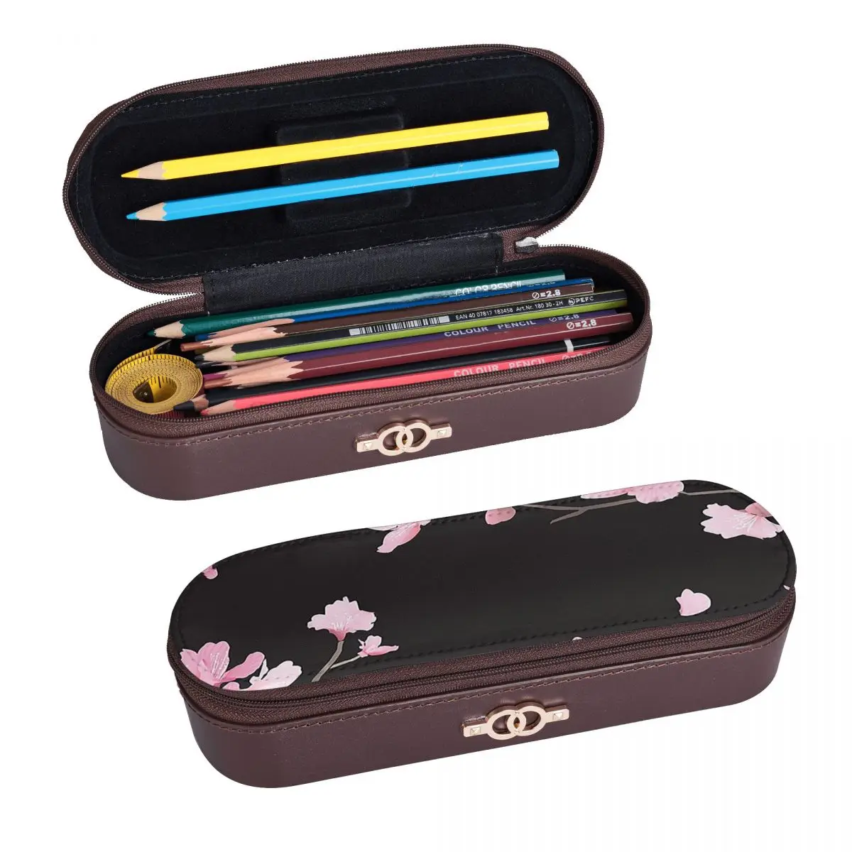 Cherry Blossom Flower Plant - Black Leather Pencil Cases Pencil Pouch Storage Stationery Supplies Pen Box Pencil Bag for