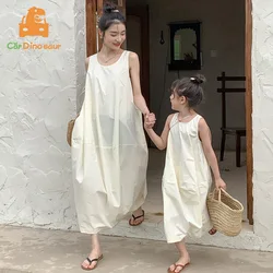 2026 Summer 1-10 Years 80-140cm Daughter S M L XL Mom Kids Girl Women Family Matching Outfits Solid Color Sleeveless Long Dress