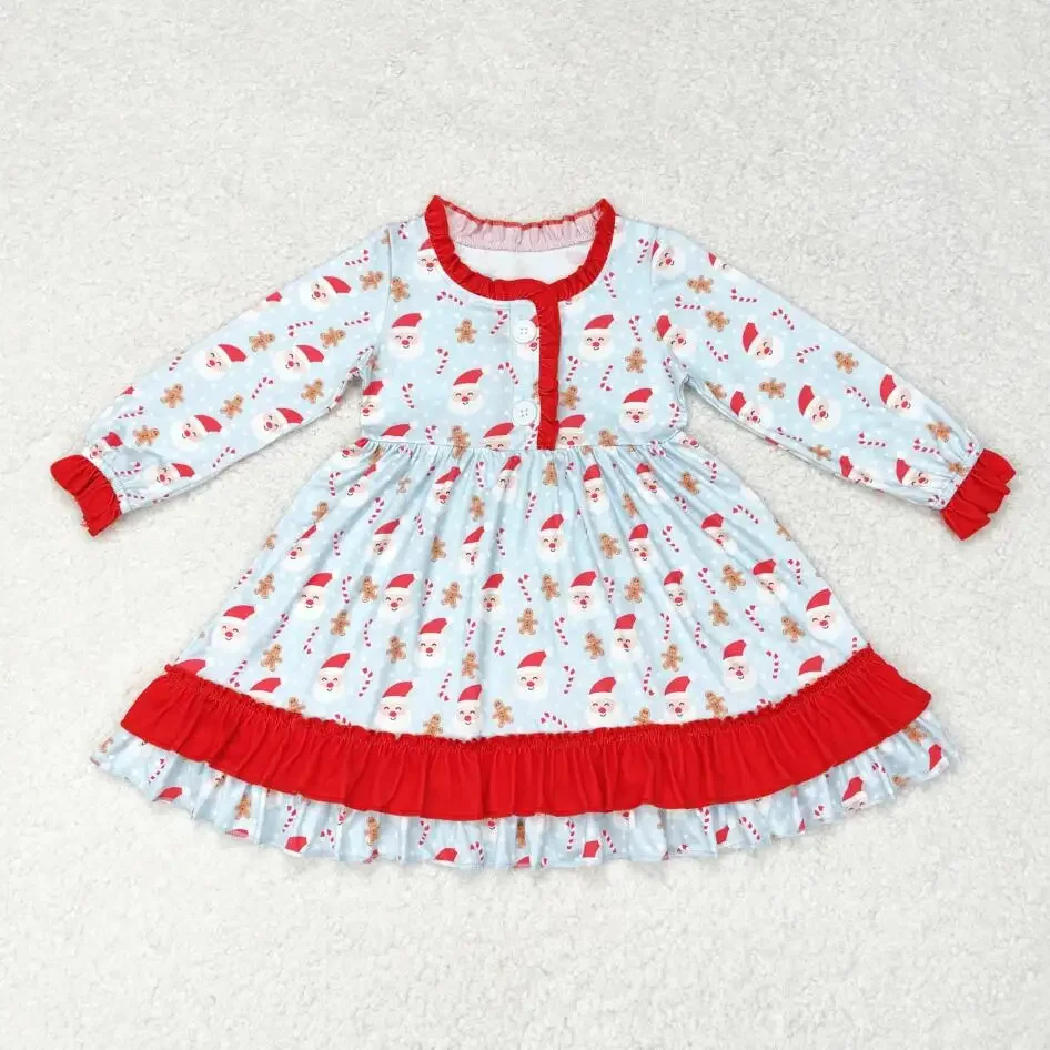 

RTS Baby Girls Long Sleeve Christmas Santa Holiday Wear Winter Kid Clothes Twirl Knee Length Kid Dresses