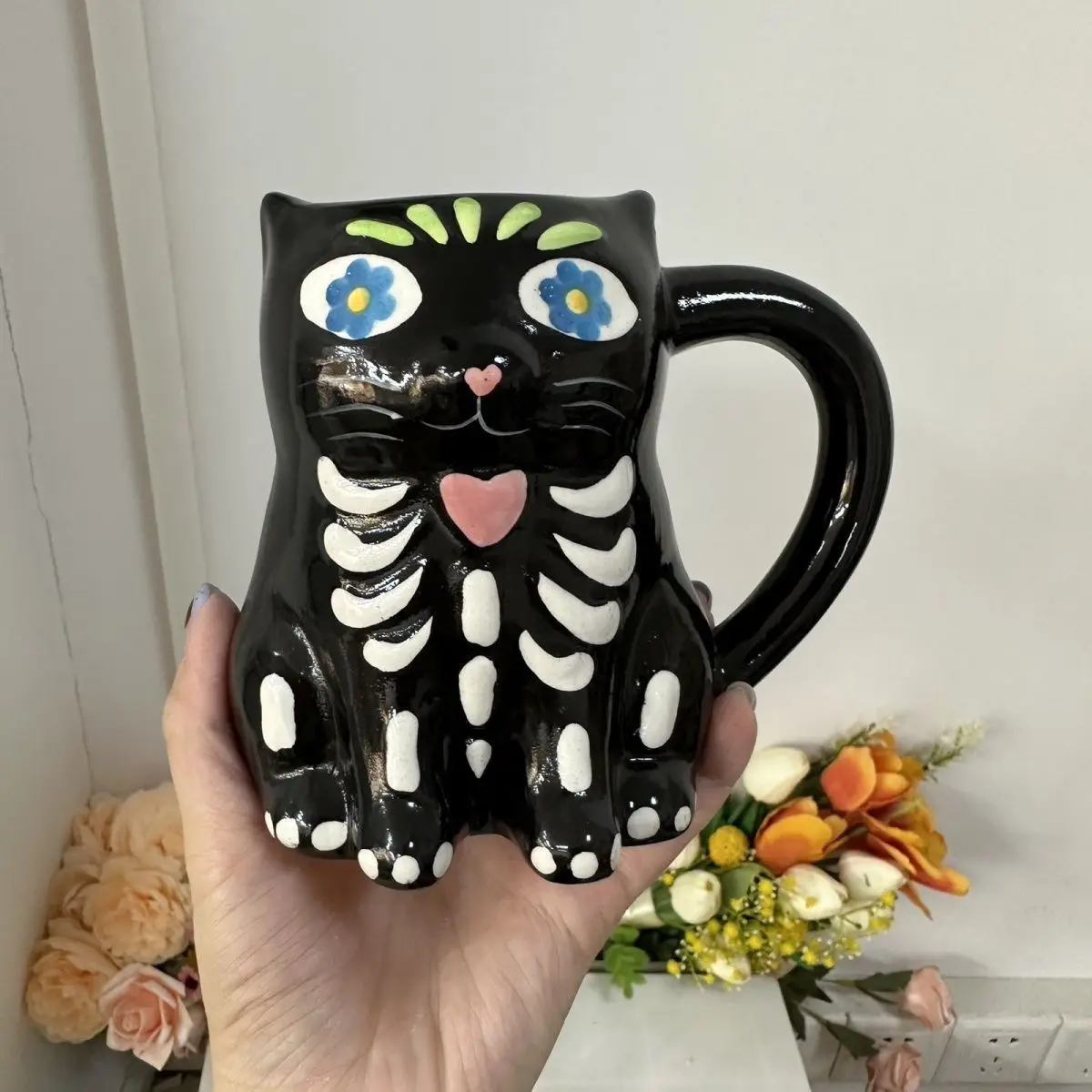 Cute Skeleton Black Cat Ceramic Mug, Office Breakfast Milk Oat Cups, High Beauty Coffee Mugs, Halloween Gift Couple Tea Cup Set