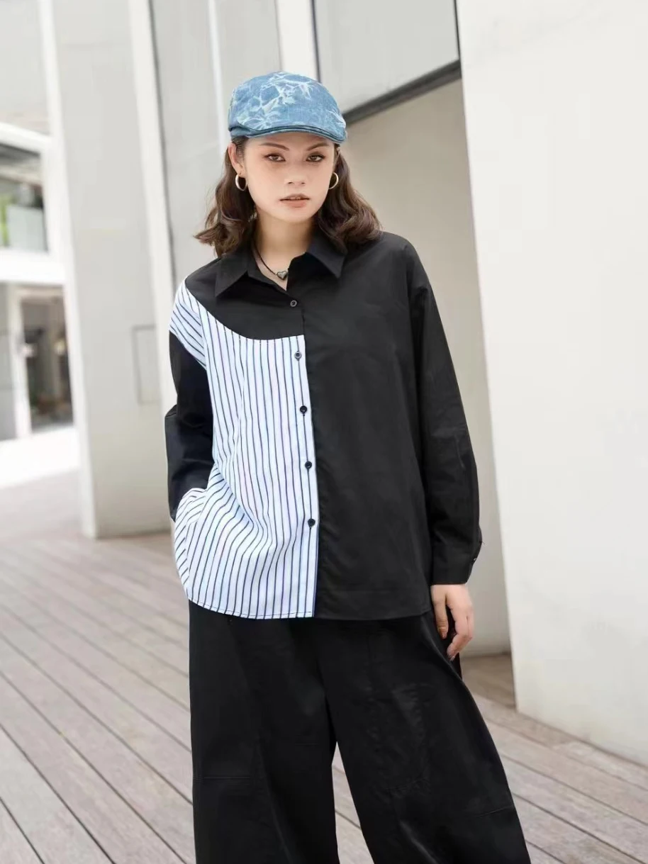 

240822 Women Partchwork Striped Irregular Big Size Casual Blouse New Lapel Long Sleeve Shirt Fashion Tide Spring Autumn 2025
