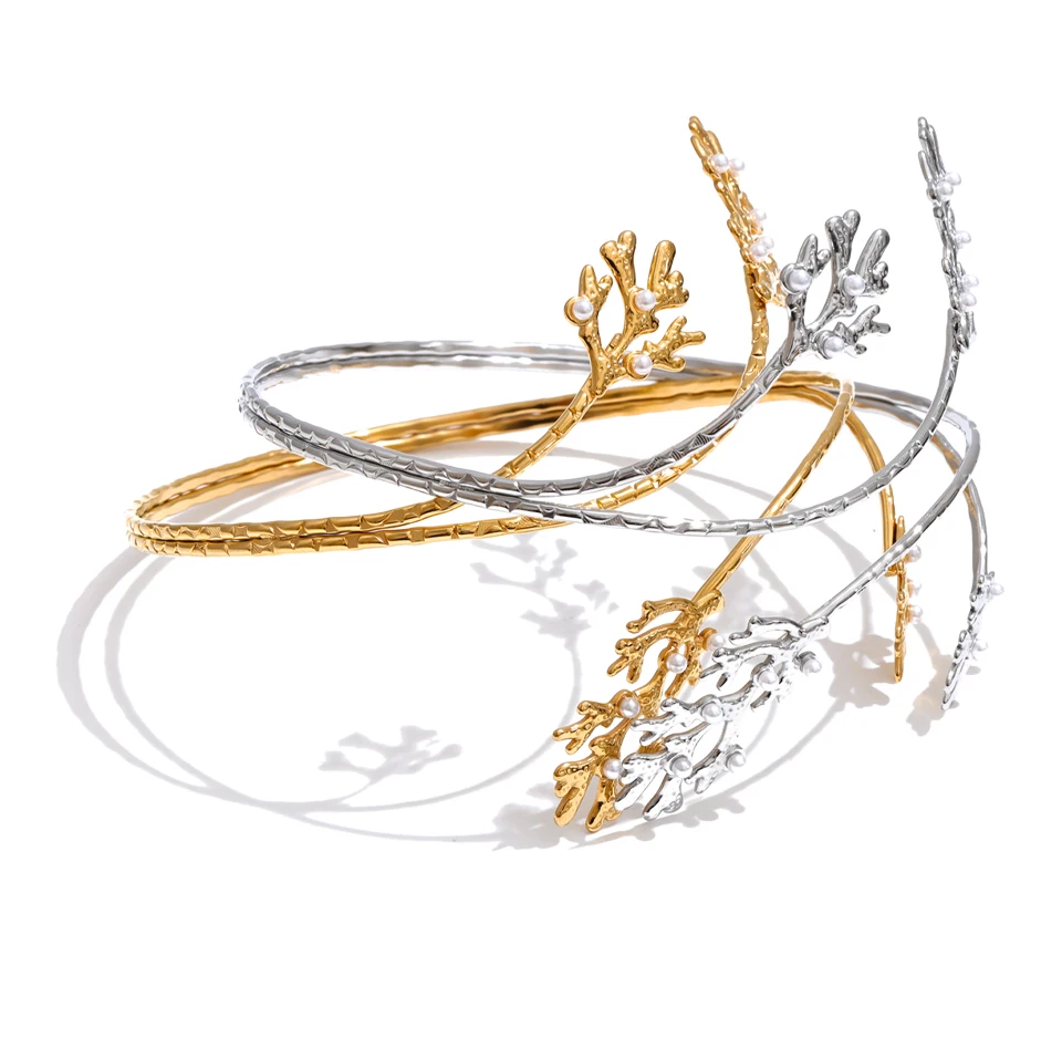 Yhpup 2026 Stainless Steel Pearls Leaf Adjustable Arm Bracelet for Women 18K Gold Color PVD Summer Fashion Jewelry
