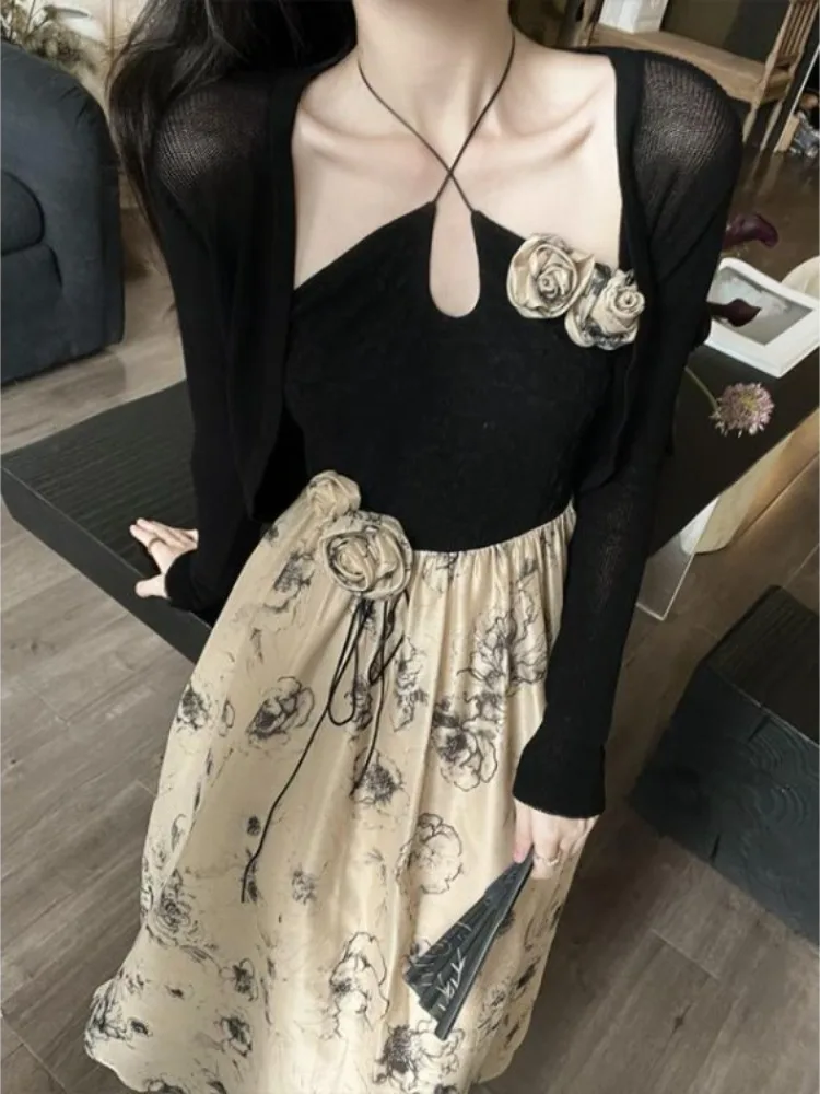 Sexy Slim Fit Halter Camisole Dress for Women+ Y2k Long Sleeve Black Sun Protection Cardigan 2024 Summer New Two Piece Sets