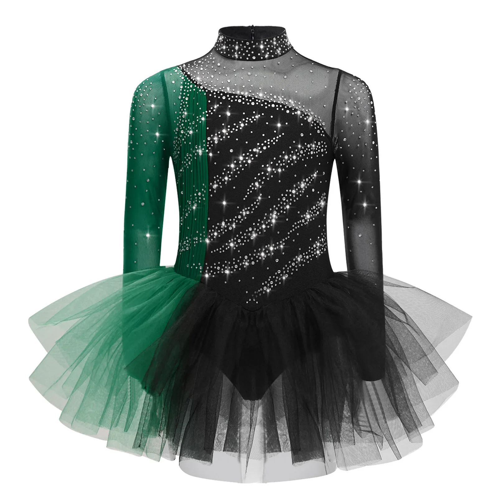 Kids Girls Long Sleeves Figure Skating Dresses Rhinestones Patchwork Ballet Tutu Dance Leotard Dress Stage Performance Costume - view 4