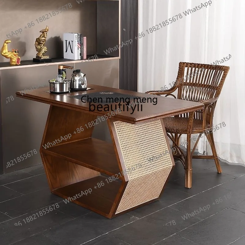 

Rattan New Chinese Style North American Black Walnut Balcony Tea Table and Chair Set for Home Small Tea Brewing Table