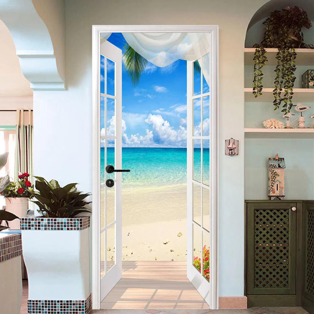 PVC Self-adhesive Door Sticker Window Sandy Beach Seascape 3D Photo Wallpaper Mural Living Room Bedroom Door Decoration Stickers