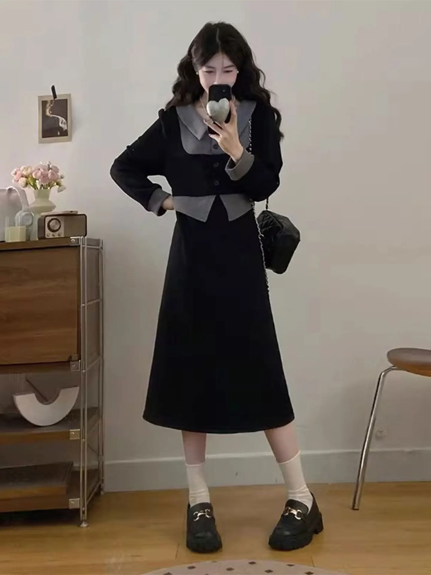 

Корейское платье с воротником-стойкой и длинными рукавами, с высокой талией, А-силуэт, из полиэстера, для женщин больших размеров