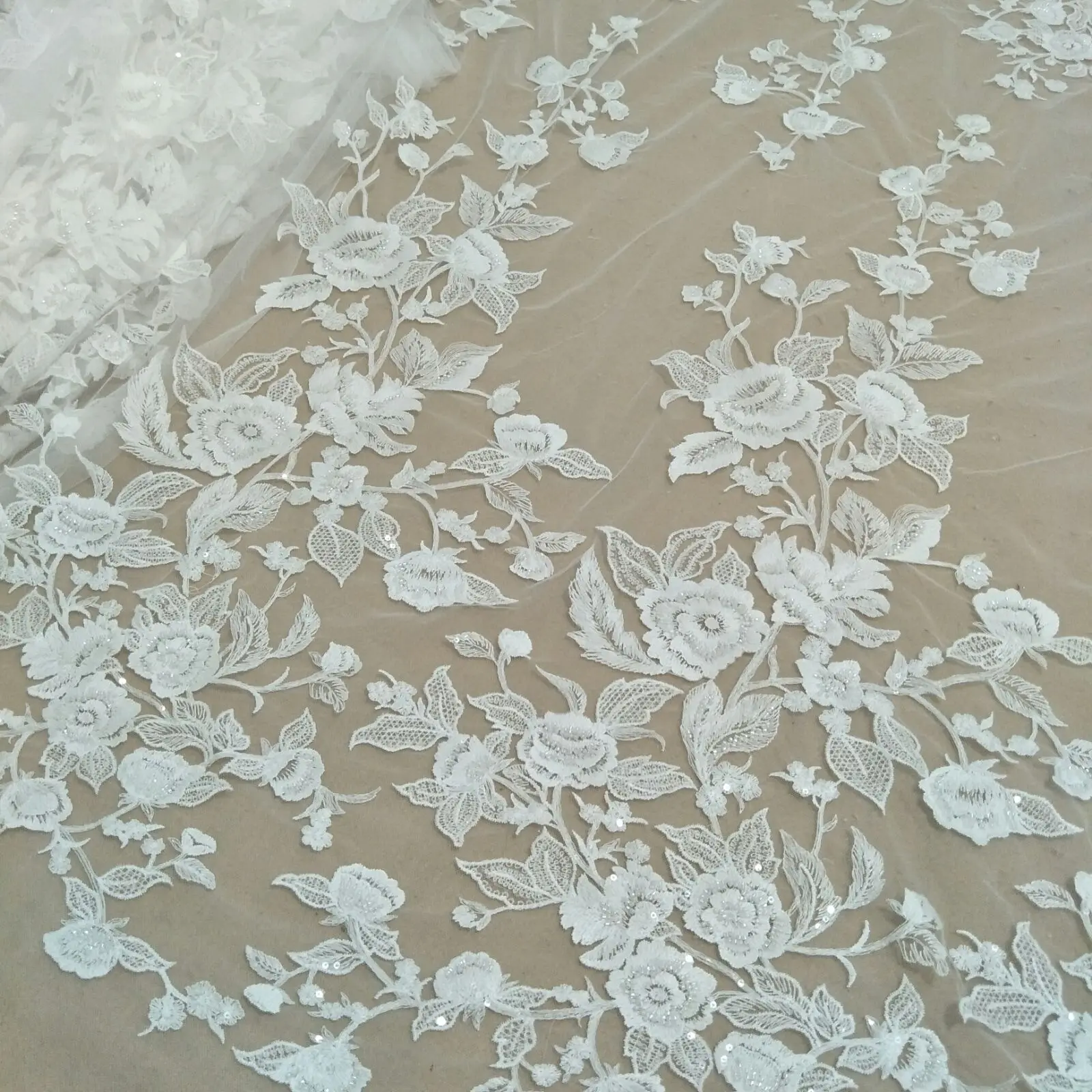 fashion ivory cotton wedding dress lace fabric with beads 130cm width bridal lace fabric sell by yard