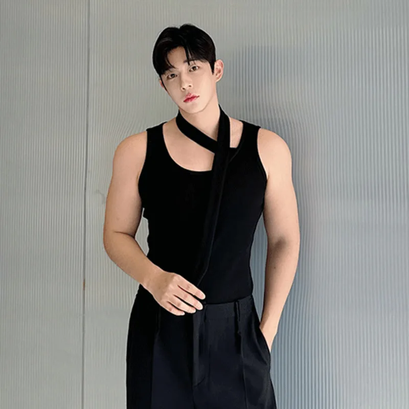 

SYUHGFA Niche Men's Vest Casual Tank Tops Slim Sleeveless T-shirt O-neck Male Top New Chic Summer Neck Ribbon Desig 2024