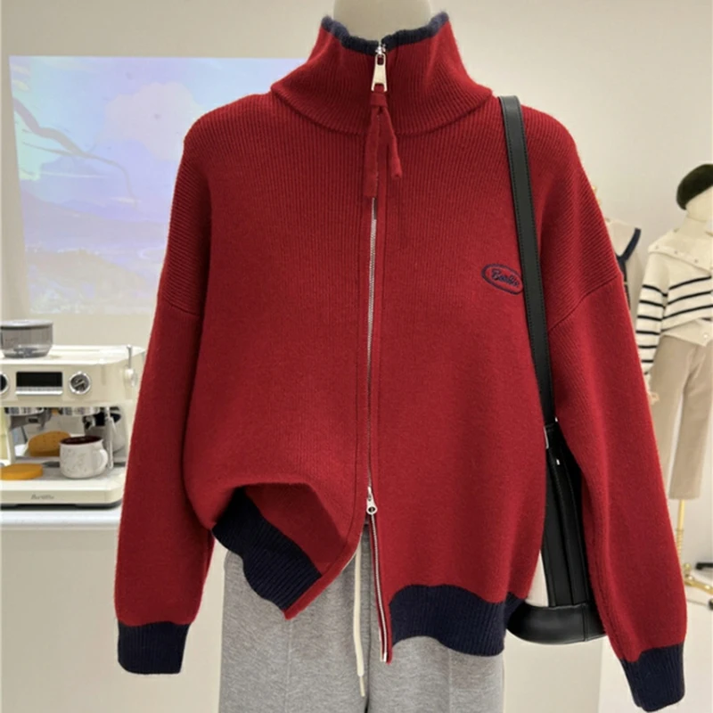 

Double Zipper Women Knitted Cardigan Autumn Winter Fashion Stand Collar Spliced Loose Sweater Coat Soft Female Knitwear Tops
