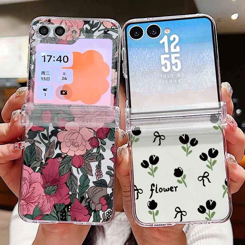 Flower Pattern Folding Case For Samsung Galaxy Z Flip 8 7 6 5 4 3 5G Clear Hard Phone Cover For Samsung Z Flip8 Flip7 FE Flip6
