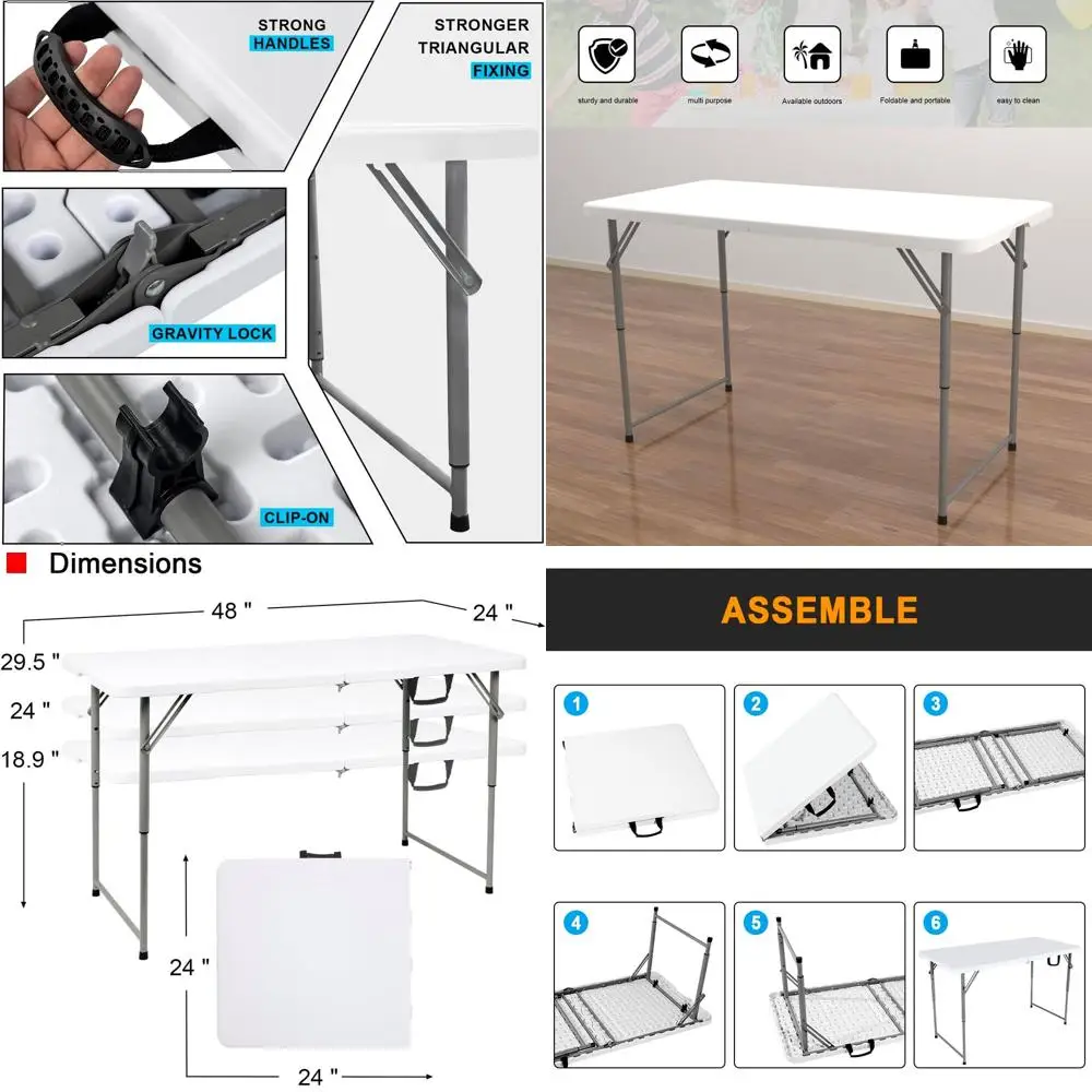 

Прочный белый пластиковый складной стол 48 x 24 x 29,5, портативный универсальный стол для мероприятий и встреч на открытом воздухе