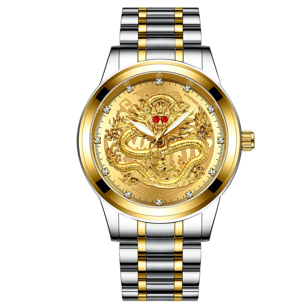 New Men Watch Dragon Quartz Wristwatch Gold Skeleton Retro Man Watch Top Brand Luxury Clock Mens Watches Reloj Hombre