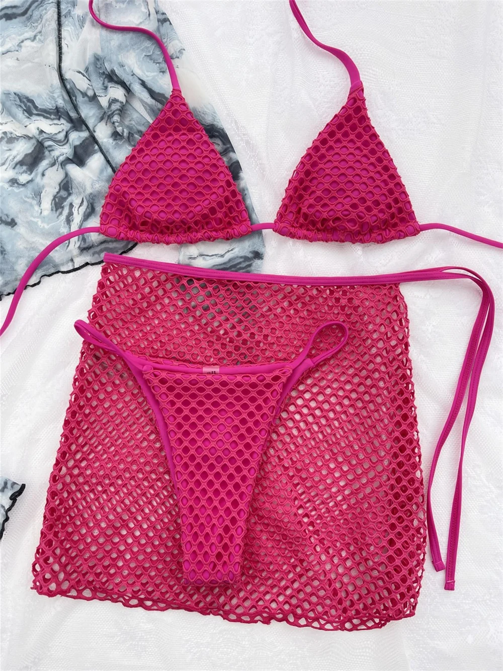 Sexy Hollow Bikini Skirt Mesh Cover Ups Swimsuit Women Backless Beach Outfit Three Piece Bikinis Bathing Suit Vacation Swimwears