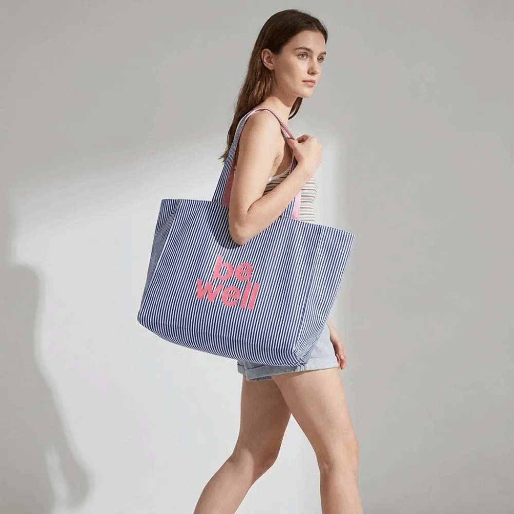 

Stripe Stripe Shoulder Bag Colorful Two-sided Design Large Capacity Handbag Tote Bag Versatile Style Canvas Handbag Daily Use