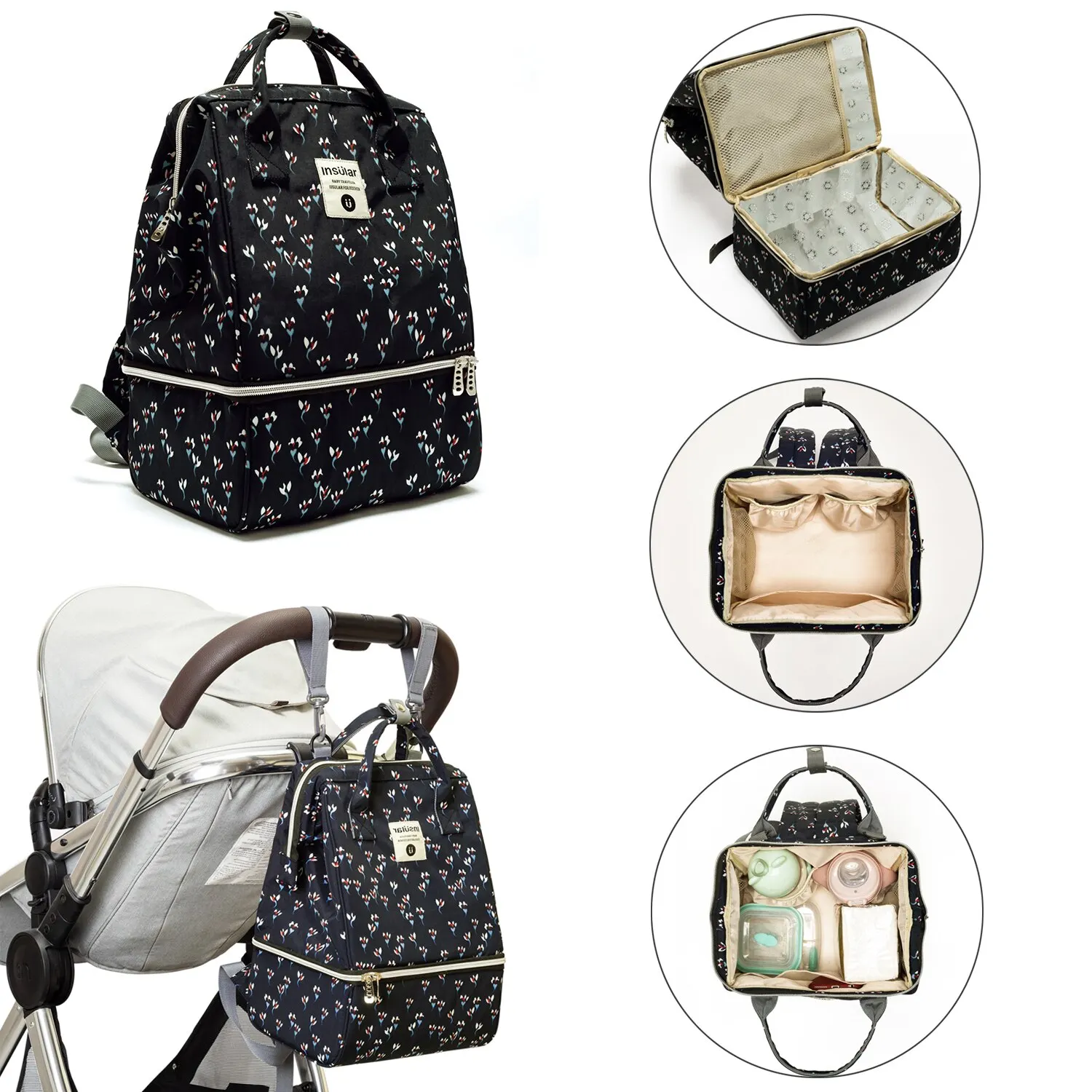 Mochila de Maternidade Impermeável INSULAR, Bolsa de Viagem para Amamentação de Grande Capacidade com Duas Camadas, Bolsa Multifuncional para Cuidados com o Bebê