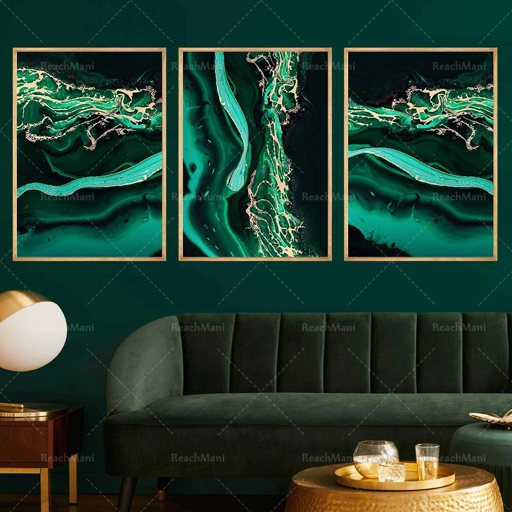 Stampa astratta in marmo verde smeraldo, blu Navy e oro lucido, Poster con stampa su tela per decorazioni per la casa, regalo esclusivo