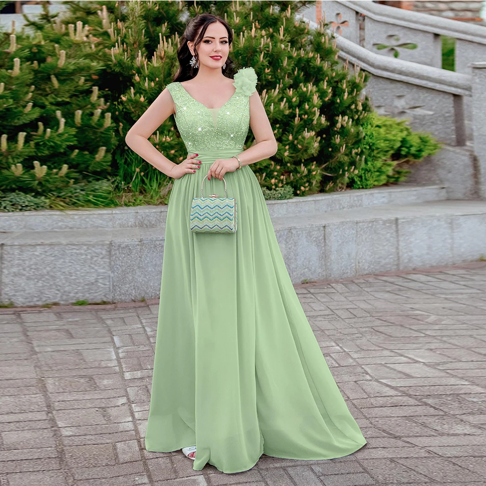 Customized Exquisite Mother of The Bride Dresses Women's Vintage V-Neck Sleeveless Sequined Split Formal Evening Maxi Dress