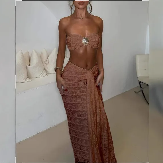 Estate sexy 2 pezzi set club party beach donna senza maniche backless conchiglia top a tubo + pacchetto sui fianchi gonne con nodo abbinate clubwear