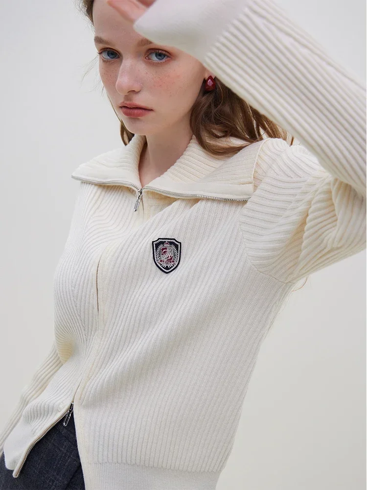 FSLE giacca Cardigan lavorata a maglia stile College per donna 2023 inverno Design di nicchia lana di pecora 25.8% cerniera interna maglione con