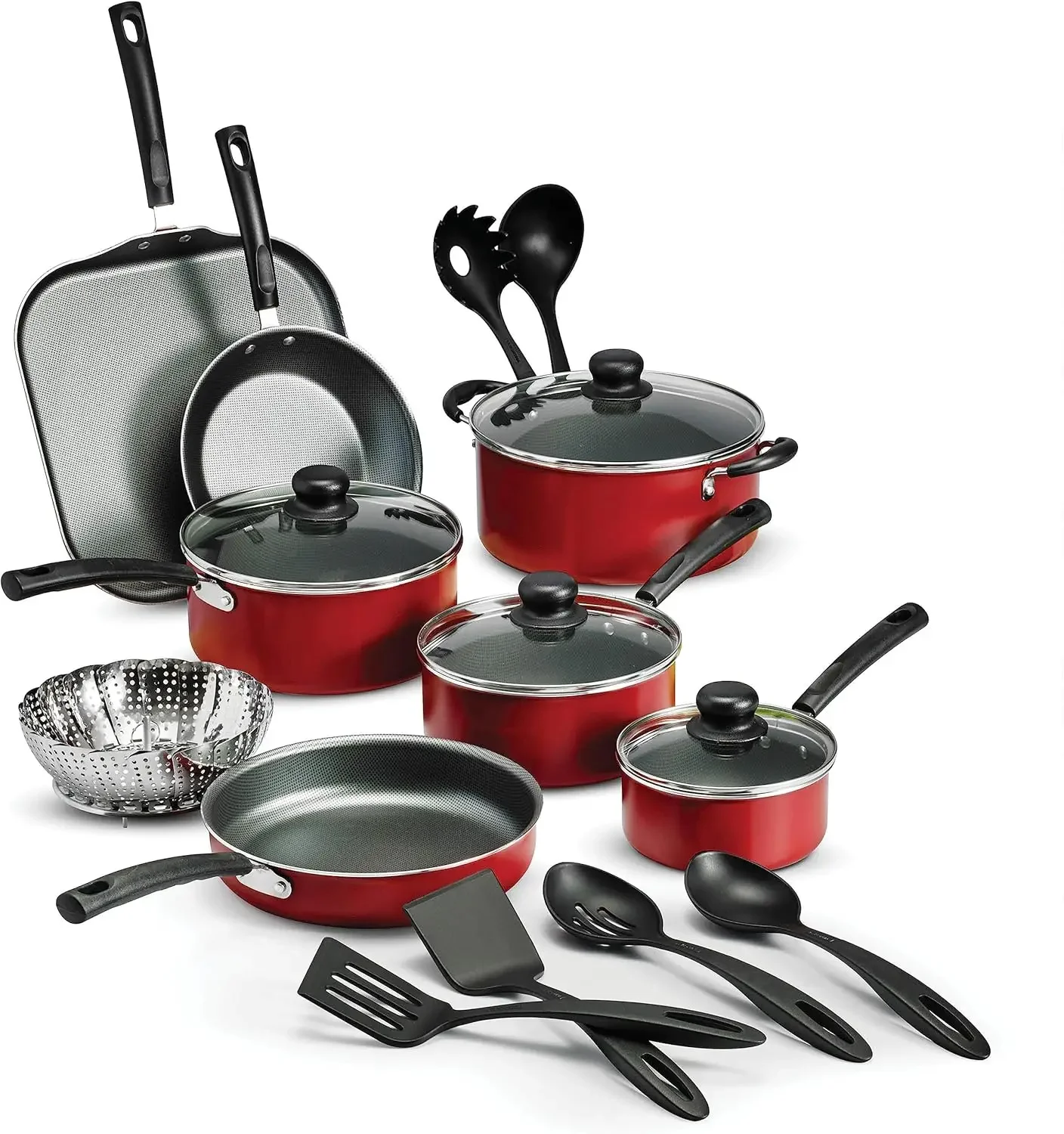 Tramontina 18 Piece Nonstick Cookware Set - Red - Aluminum Construction, Dishwasher Safe, Compatible with Gas, Electric