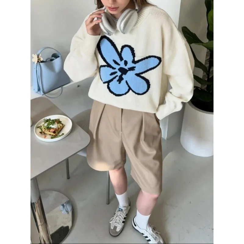 

Повседневный вязаный пуловер с цветочным узором для женщин, шикарный свободный укороченный свитер с круглым вырезом и длинными рукавами, осенний пуловер для повседневной носки и офиса