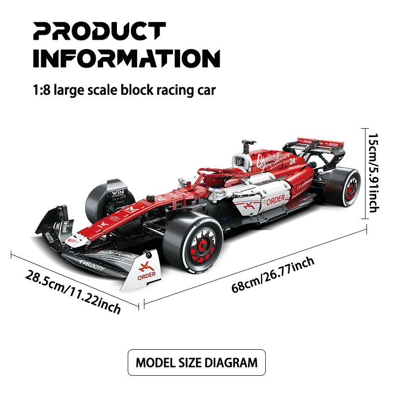 1:8 스케일 레드 레이싱카 브릭 1768개 조립 블록 키트 68cm 슈퍼카 DIY 조립 장난감 수집용 모델 어린이 선물