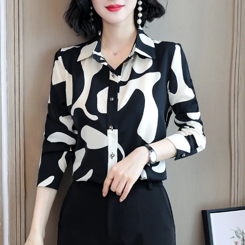 Spring Autumn Women Korean Fashion Satin Print Button Up Shirt Office Lady Elegant Commute Blouse Casual Long Sleeve Loose Tops