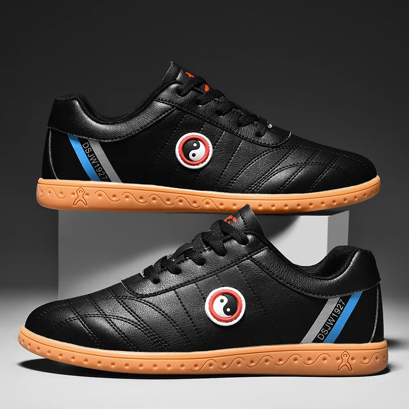 Black and white Tai Chi shoes for men and women, tendon sole non-slip martial arts shoes, soft leather breathable training shoes