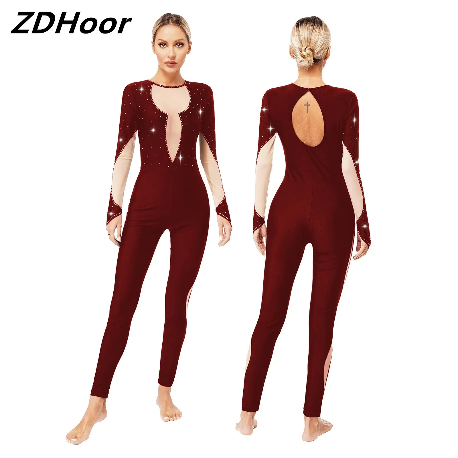 

Womens Figure Skating Dance Jumpsuit Sheer Mesh Patchwork Long Sleeve Keyhole Back Bodysuit Gymnastics Costume