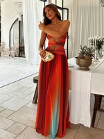Vestido largo calado con gradiente Tie-dye para mujer, vestidos largos elegantes con hombros descubiertos y dobladillo acampanado, batas femeninas para vacaciones de verano 2025