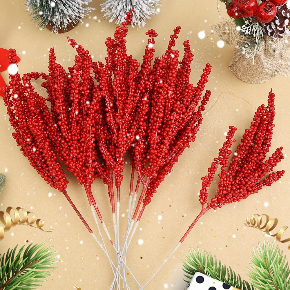 Artificial Holly Berry Stamen Wreath Enfeites, Natal Red Berries Branch, Plantas Falsas, Flores, Árvore De Natal, Decoração De Casa De Festa