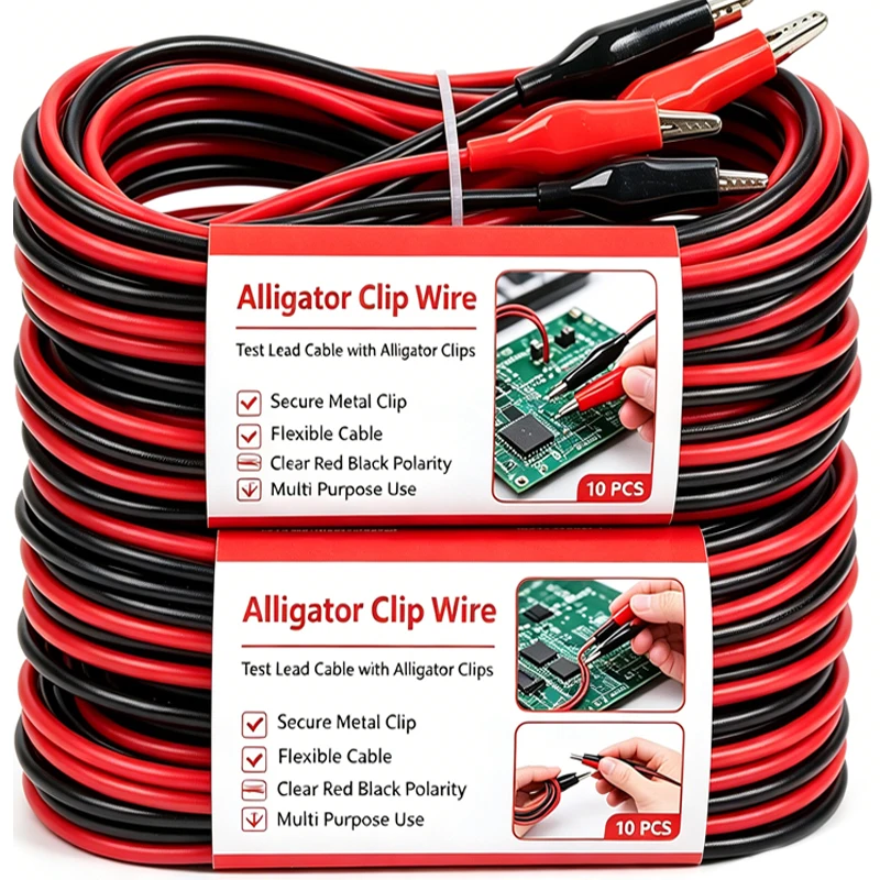 10/1Set Dual Alligator Clip Wire 2 Color Electrical Jumper Power Test Cables Crocodile Clips Adapter for Precise Circuit Testing