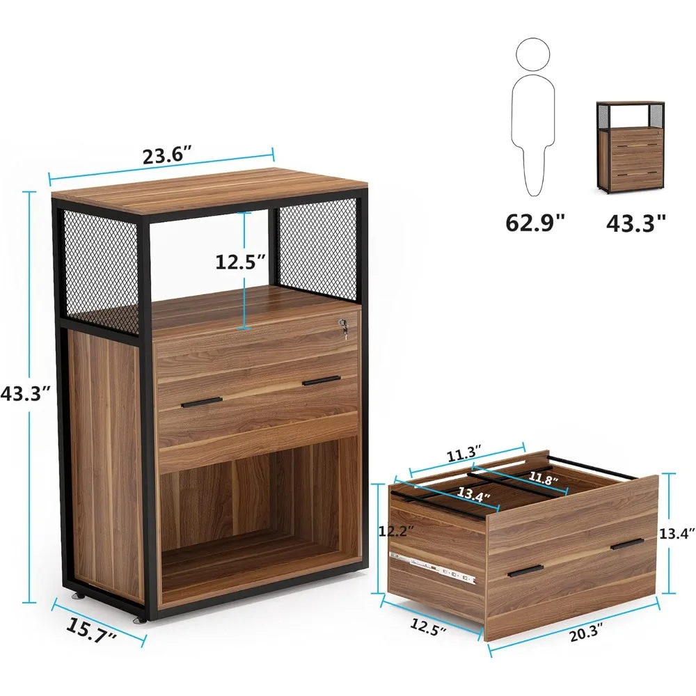 2 Drawer Lateral File Cabinet with Lock,Letter/Legal/A4 Size,Printer Stand with Metal Wire Open Storage Shelves for Home Office