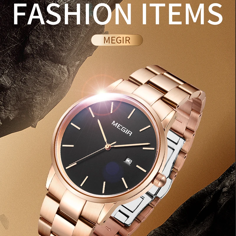 MEGIR-reloj de cuarzo con correa de acero inoxidable para hombre, cronógrafo de pulsera, resistente al agua, sencillo, informal, a la moda