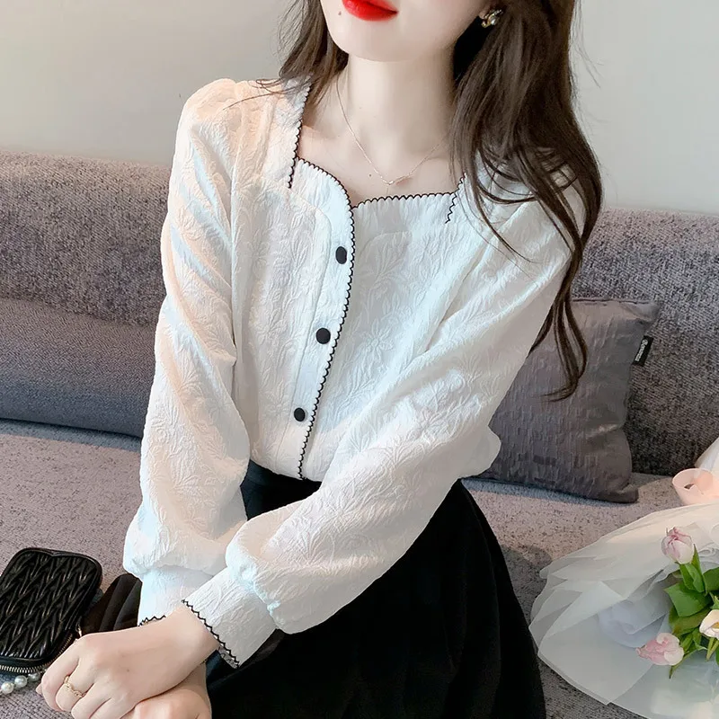 

Long Sleeve Shirts Womens Satin Ruffled Buttoned Lantern Sleeves Pleated Hem Slim Fit Preppy Feminine Minimalist Retro French