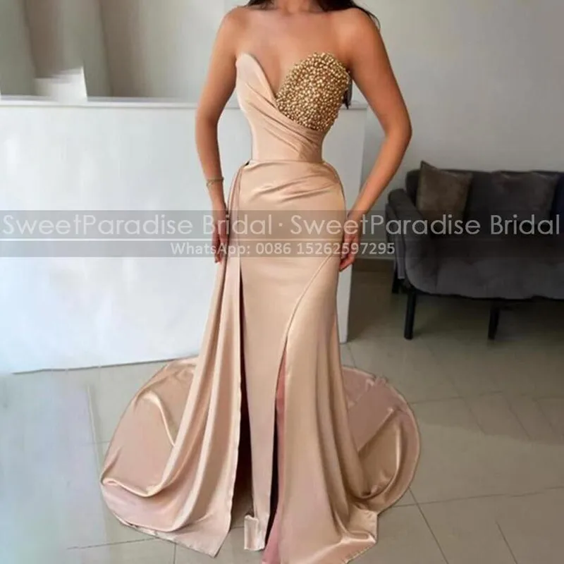 

Side Split Sheath Prom Dresses Beaded Sweetheart Neck Waistline Caps Mermaid Long Customized Evening Dress Party