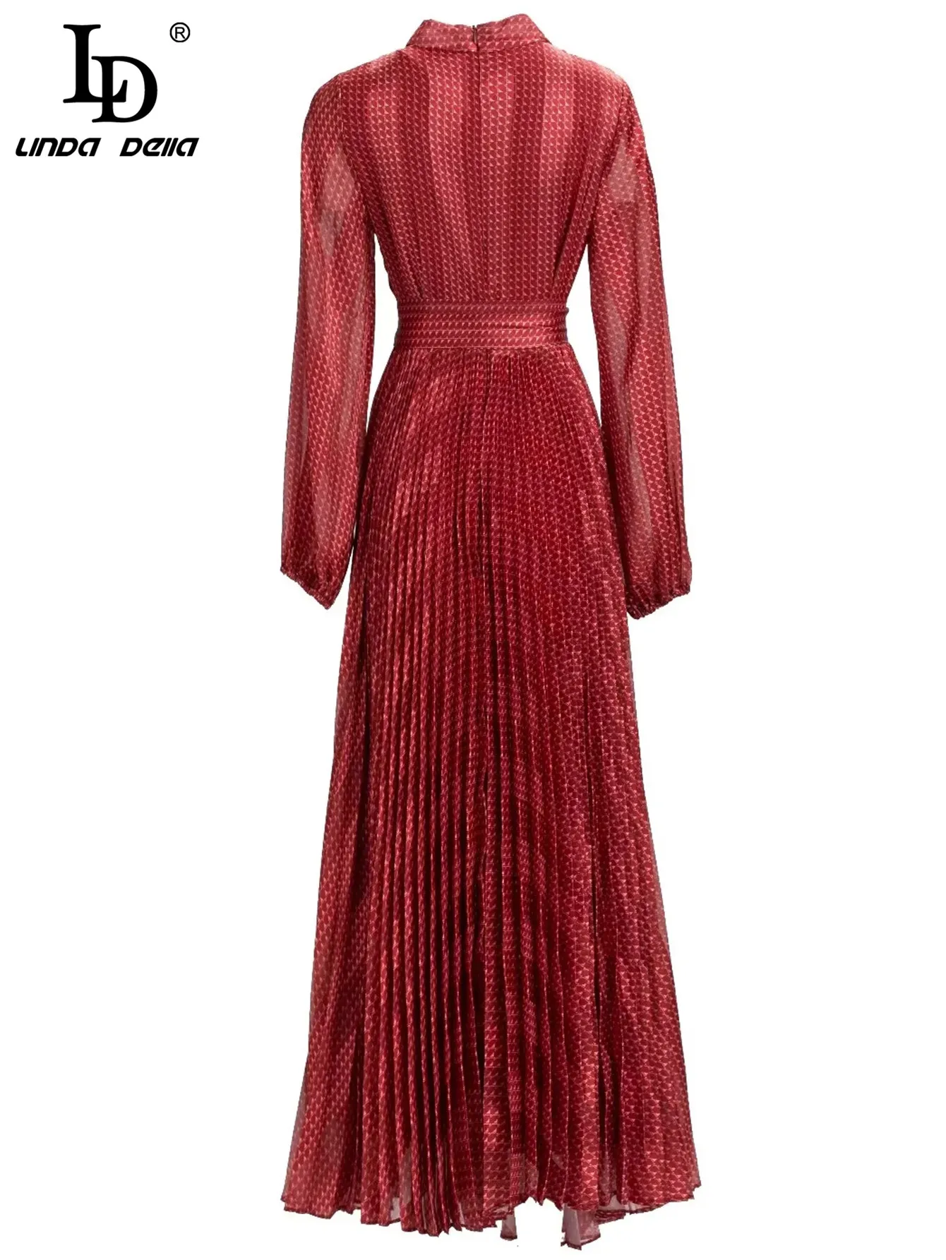 LD LINDA DELLA Fashion Designer Autumn Dress Women V Neck Long Sleeve Sashes High waist Red Pleated Long Dress Vestidos
