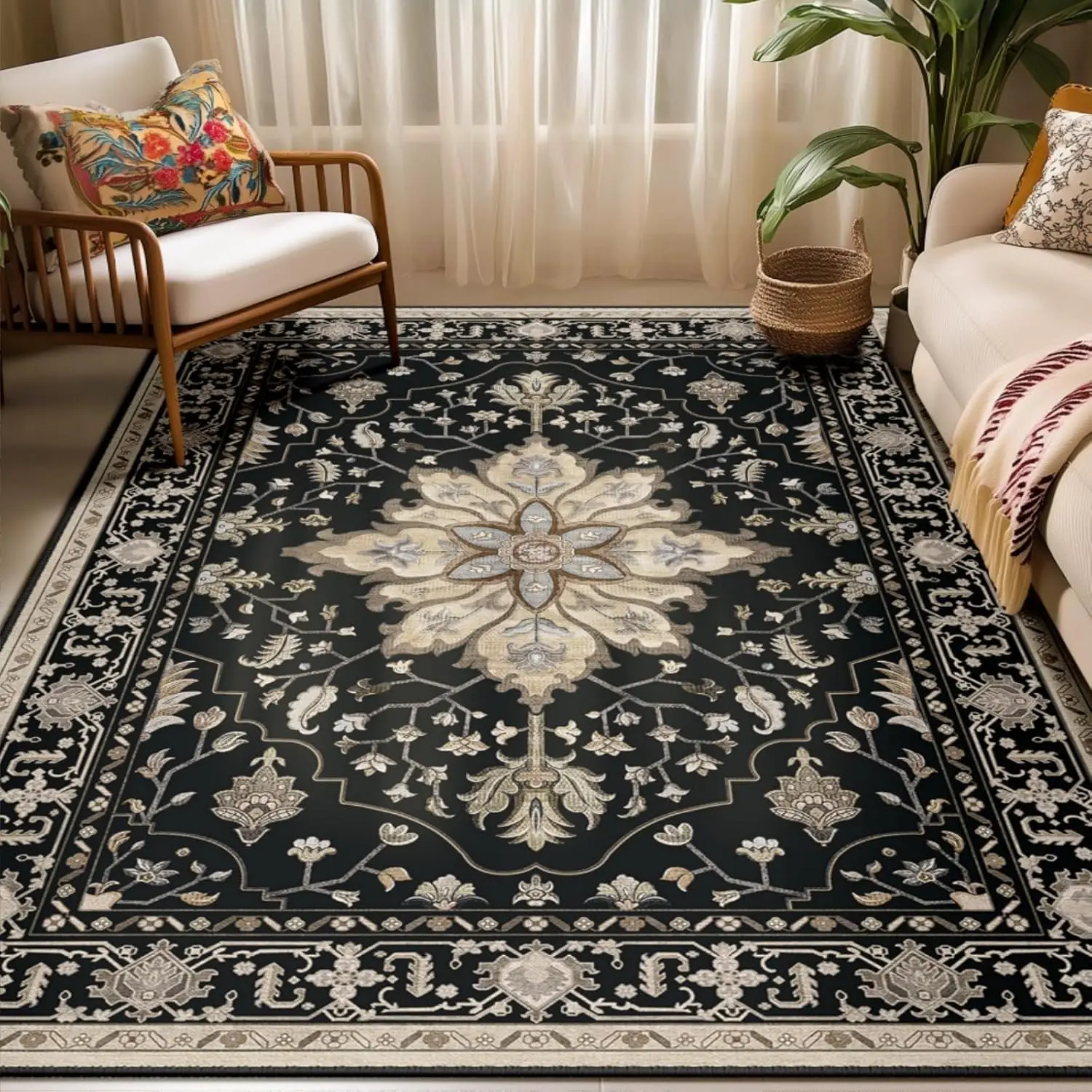 Area Rugs Washable Non-Slip, Floral Vintage Distress Print Pattern Medallion Carpet for Living Room Bedroom Dining Room, Black