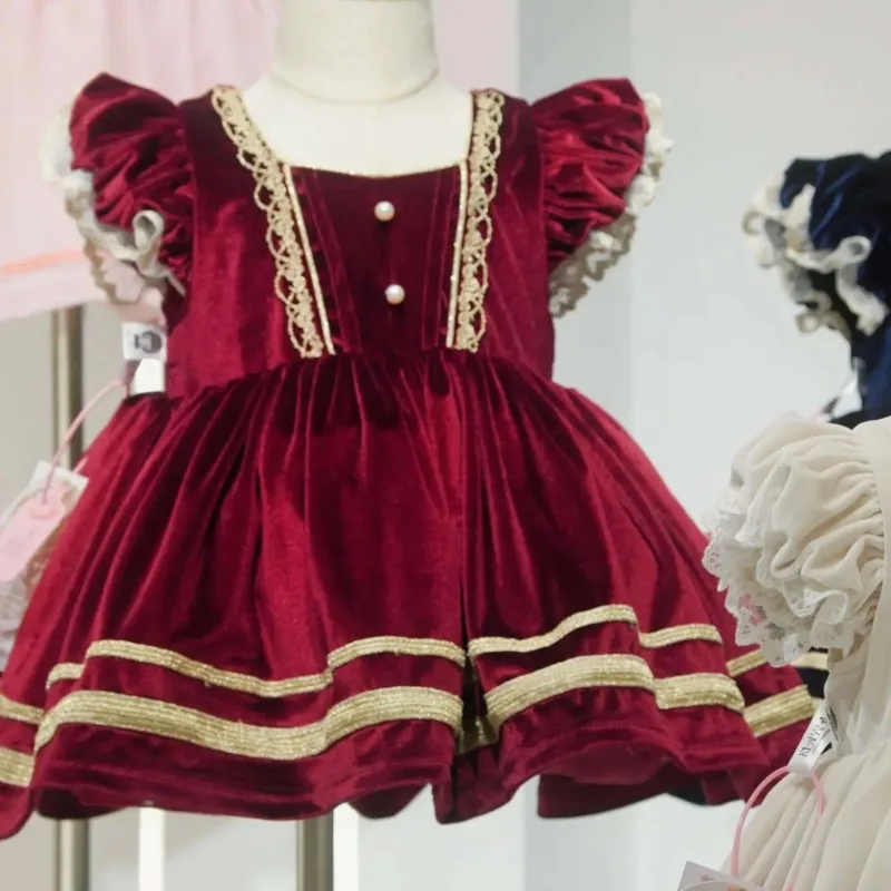 ins-handmade-velvet-girls-clothes-spring-and-autumn-tutu-princess-dress-children's-simple-banquet-costume-kids-spanish-dress