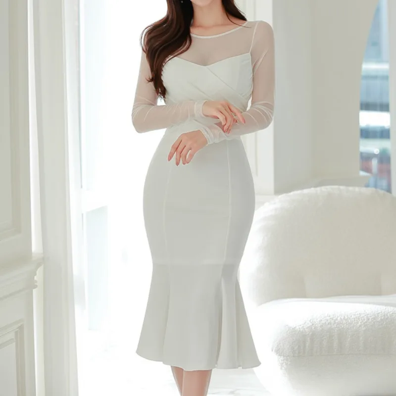 Office Lady White  Dress Bodycon O-neck Korean Chic Elegant Women Dresses Evening Party Business High Waist Vestidos