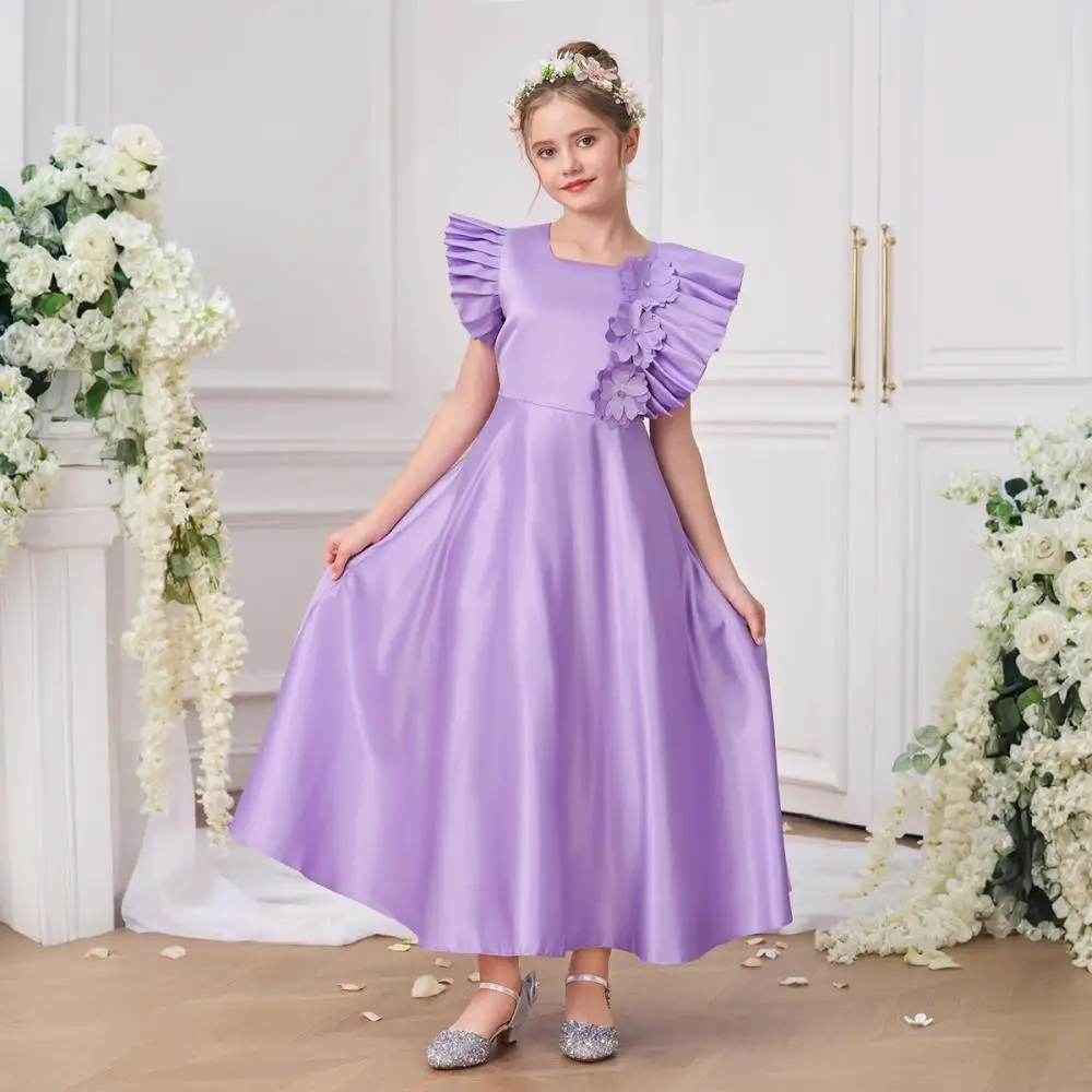 New Girl's Little Flying Sleeve Ruffle Purple Princess Dress Piano Banquet School Graduation Ceremony Fashion Performance Dress