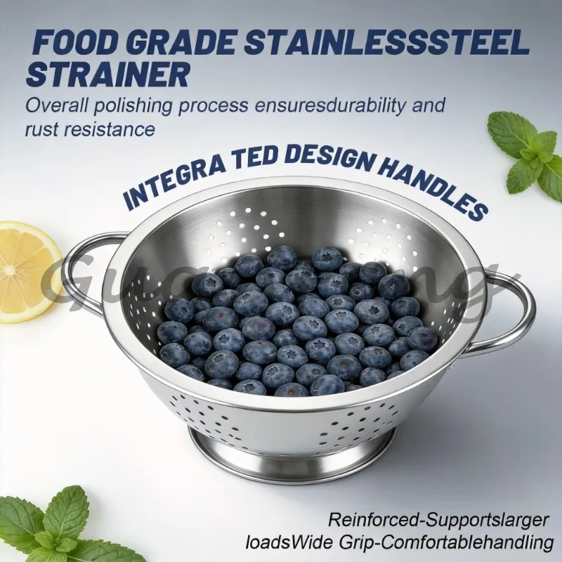 Double‑Handled Stainless Steel Fine‑Mesh Colander, Kitchen Strainer for Pasta and Vegetable Washing