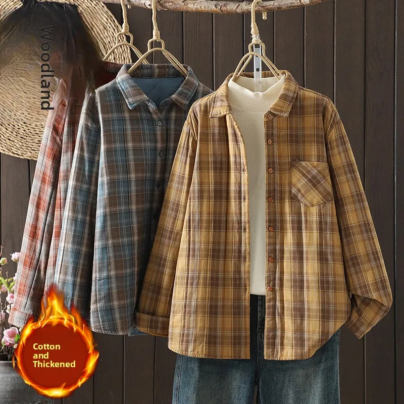 

Thiened Long Sve Cotton irt Winter Casual Loose Sle Retro Plaid Double Layered Slimming Top Artistic Collar But...