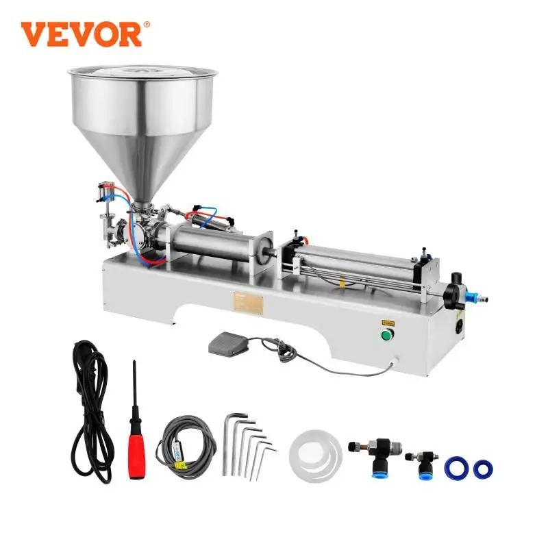 VEVOR 50-500ML Pneumatic Liquid Paste Filling Machine with 30L Hopper Semi-Automatic Horizontal Cream Liquid Filler for Water