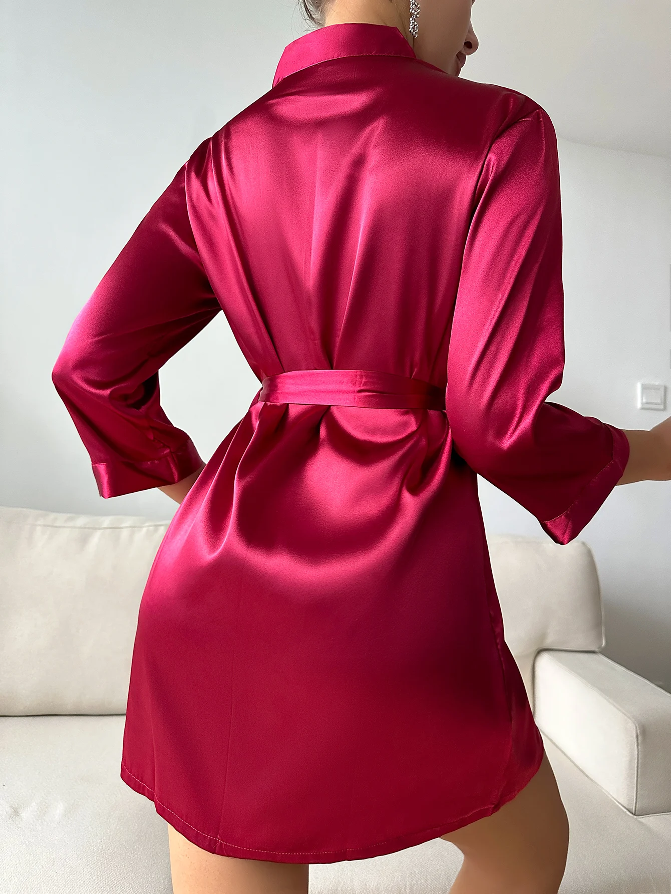 Solid Satin Night Robe Long Sleeve V Neck Robe With Belt  Women's Sleepwear