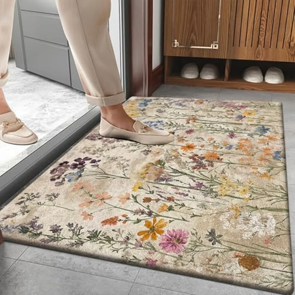 Colorful Wildflower Doormat – Vintage Style Print, Soft Flannel, Multifunctional Mat for Bedroom, Kitchen, Dining Room & Bathroo