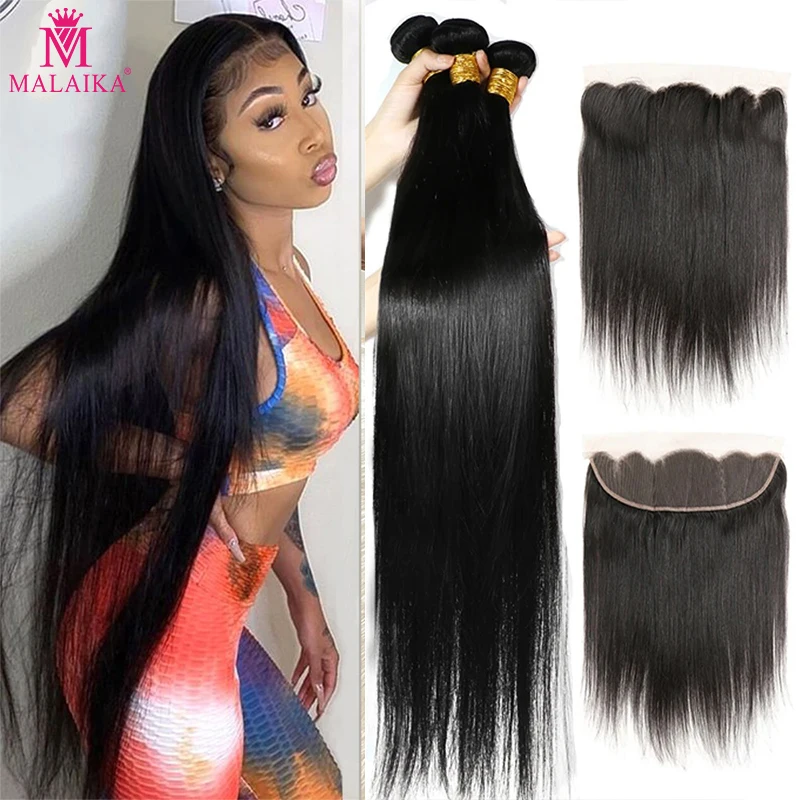 

Malaika Hair 38 40 Inch Straight Brazilian Hair Bundles With 13x4 Frontal Human Hair Bundles With Closure Remy Hair Extension