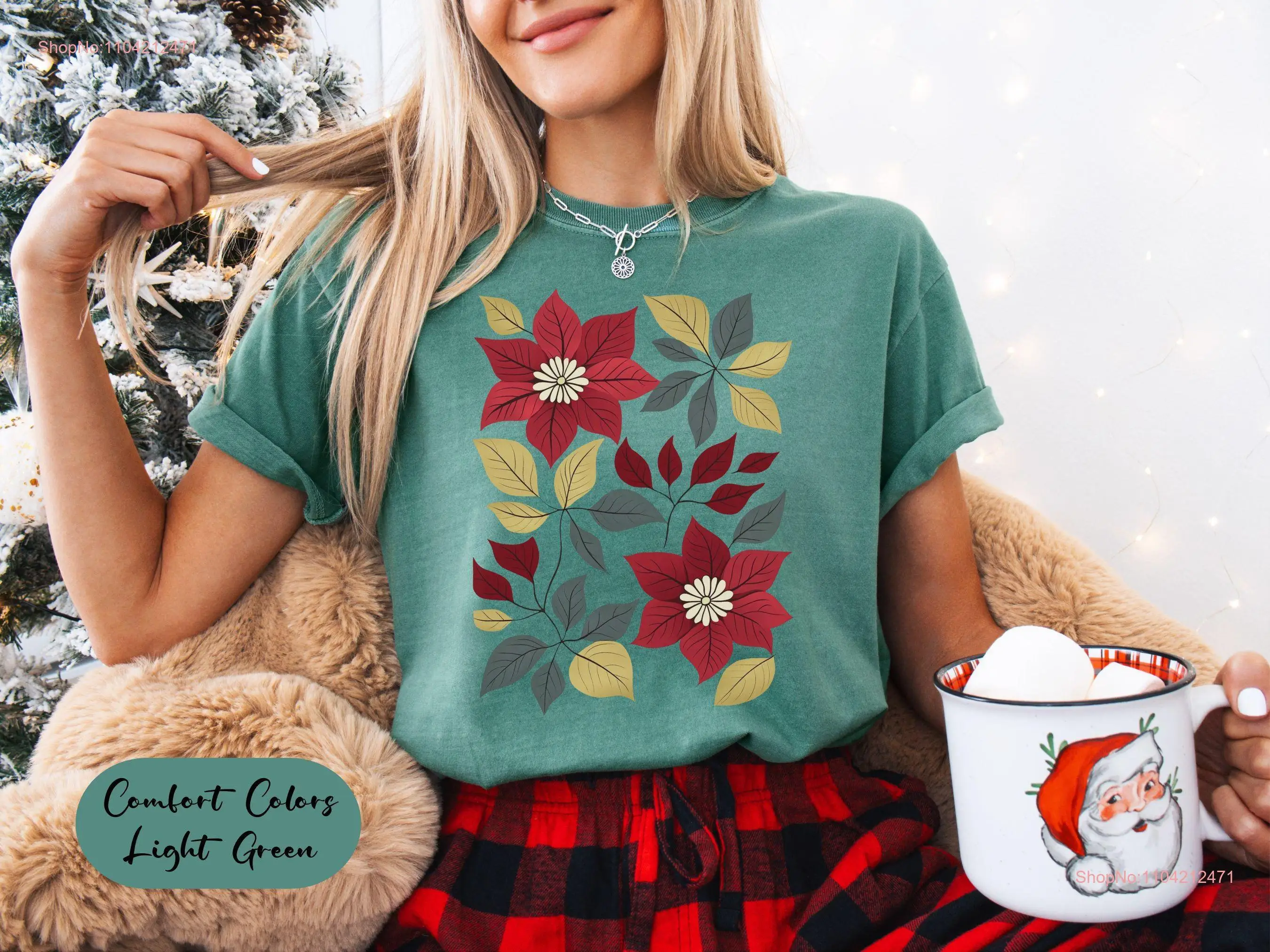 Womens Modern Boho Christmas Poinsettia T Shirt Holiday Floral For Mom Her long or short sleeves